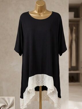 Grace + Emma Black & White Lace-Trim Tunic Lagenlook Top Size XXL NWT